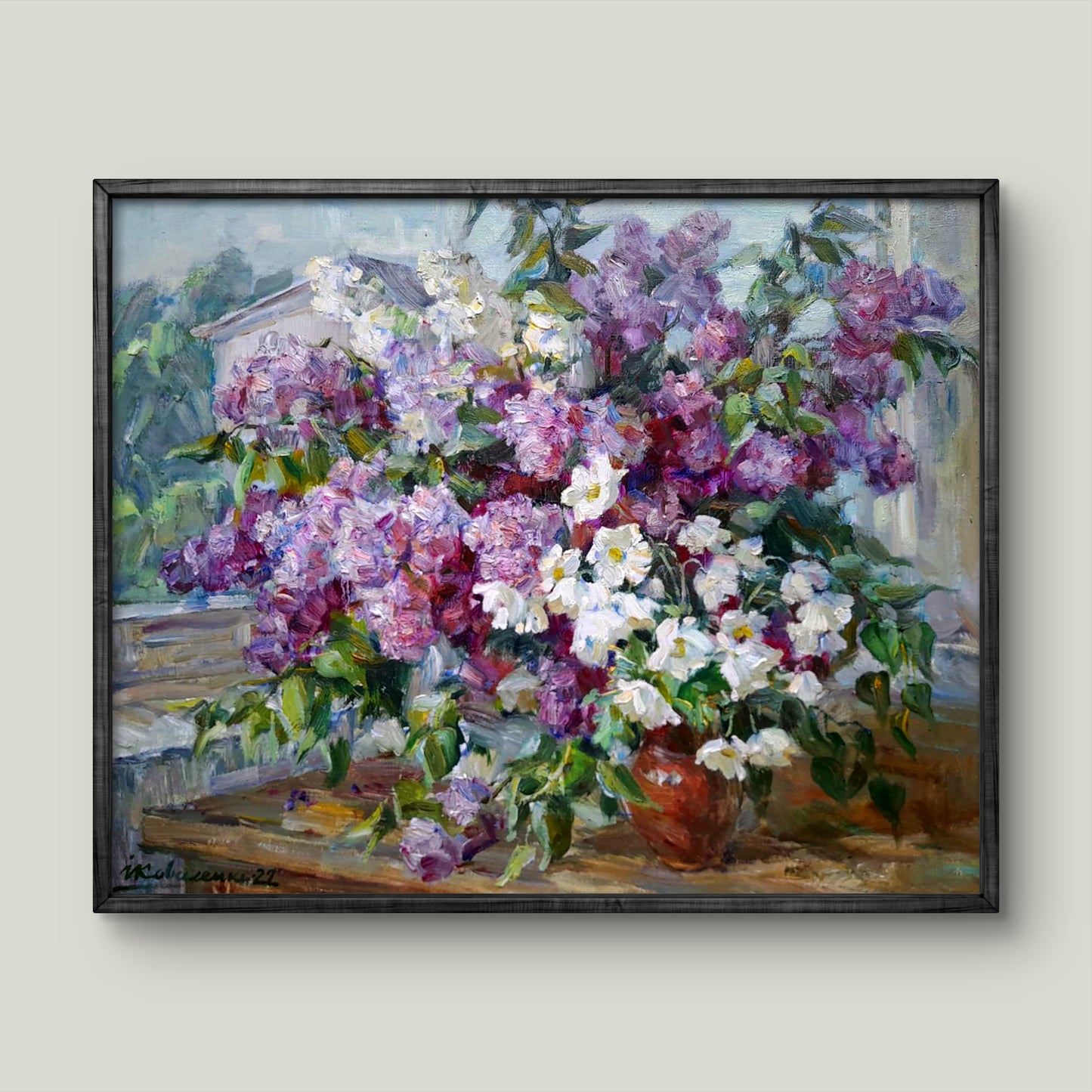 Oil painting of purple lilac bouquet by Kovalenko Ivan Mikhailovich
