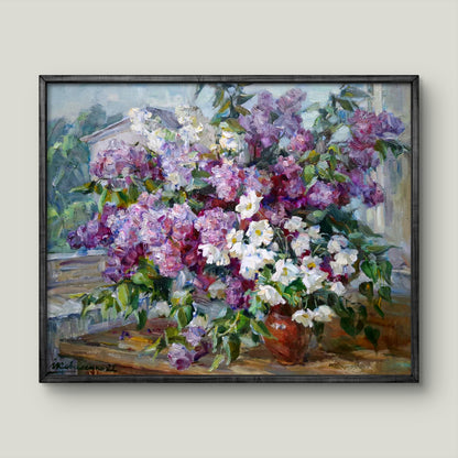 Oil painting of purple lilac bouquet by Kovalenko Ivan Mikhailovich