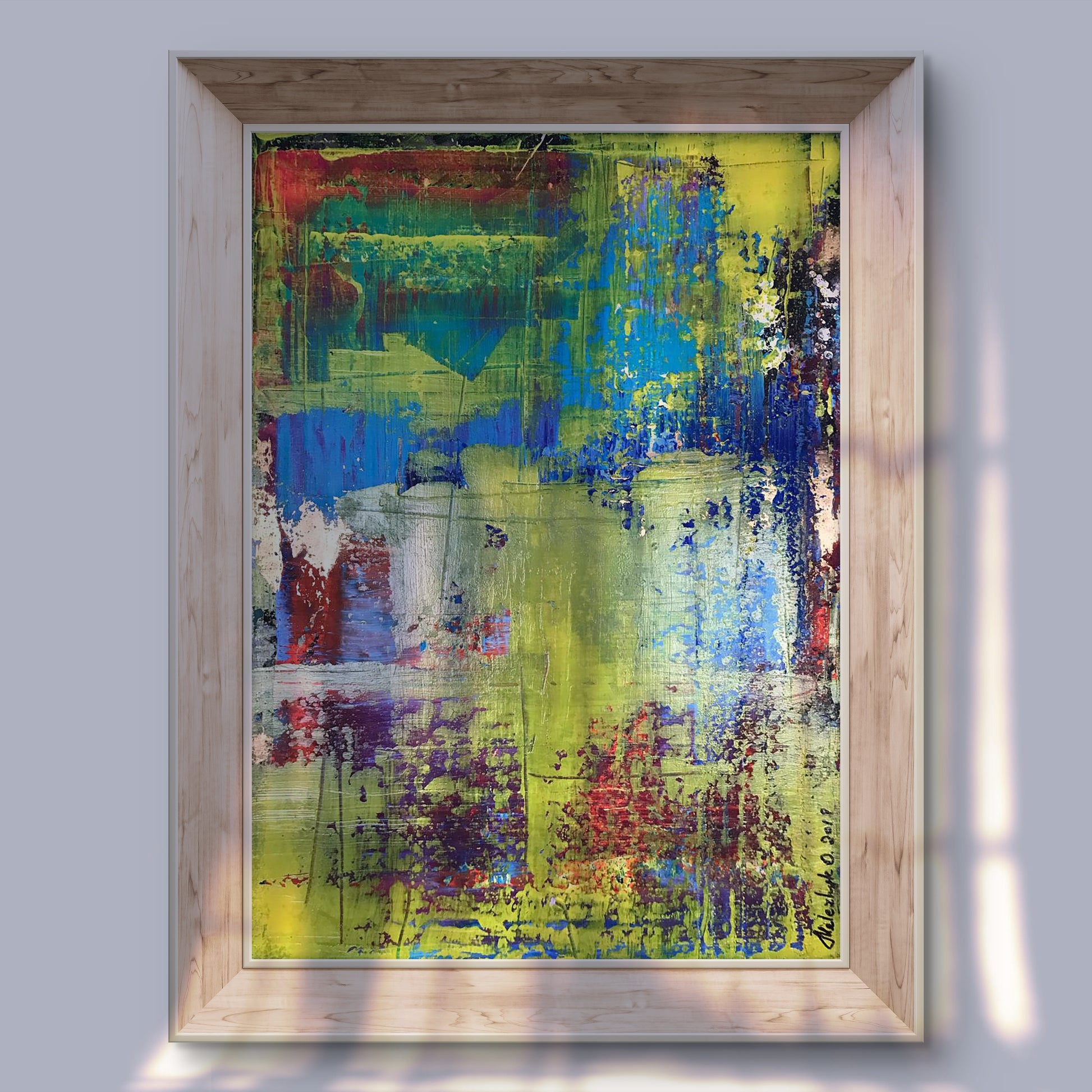 Vibrant Tender Summer acrylic painting by Olga Melezhik in light wood frame