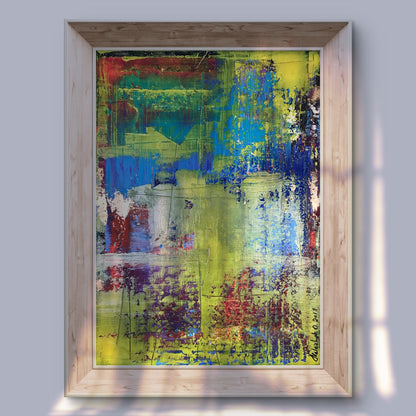 Vibrant Tender Summer acrylic painting by Olga Melezhik in light wood frame
