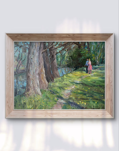 Oil painting May date V. Mishurovsky framed couple on sunlit path