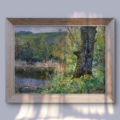 Oil painting Spring sunset V. Mishurovsky: impressionistic landscape with gnarled tree by river