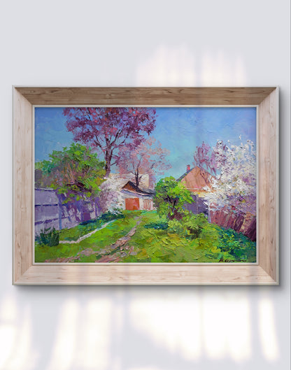 Framed impressionist oil painting Flowering garden Boris Serdyuk village scene