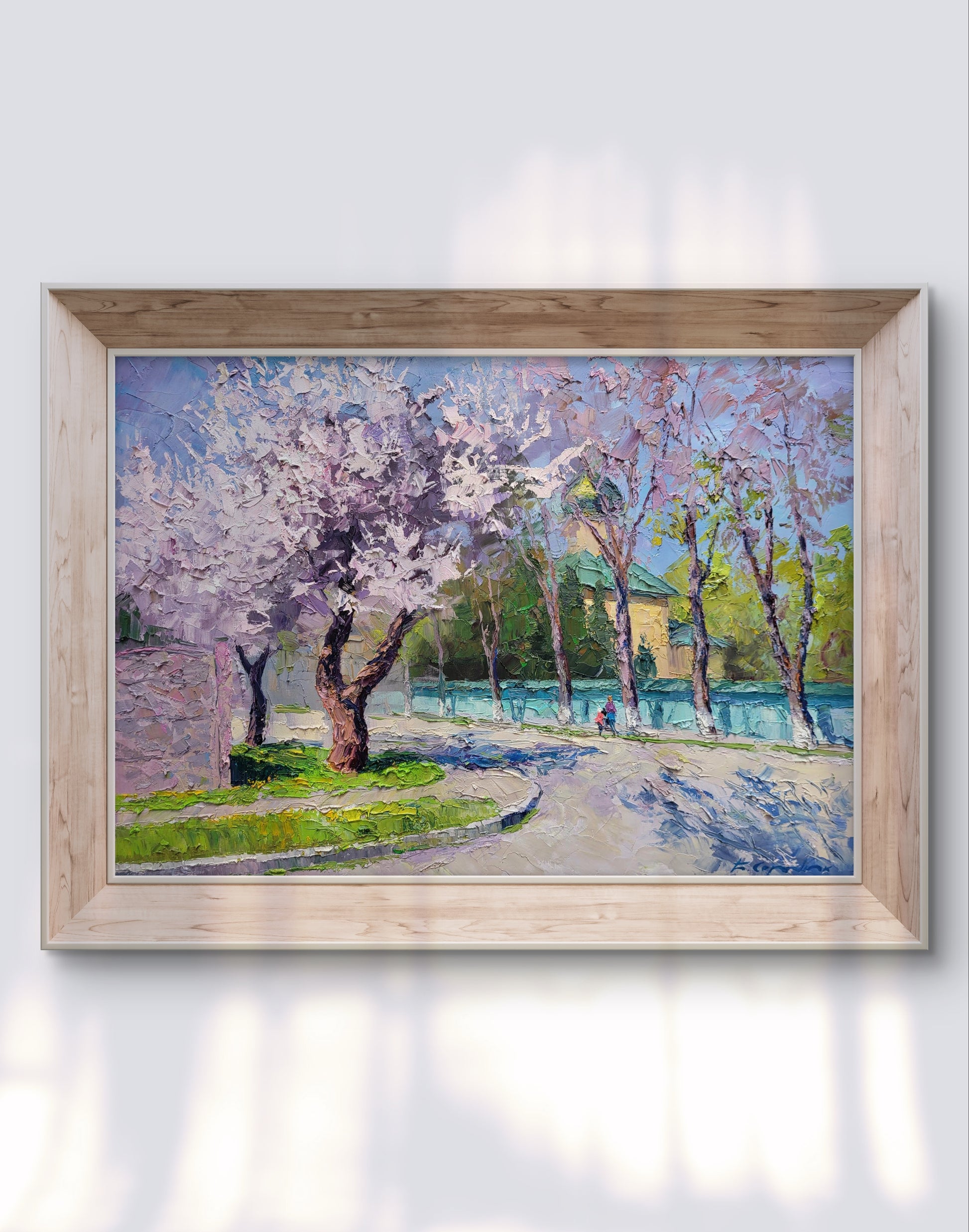 Oil painting of apricot blossom by Boris Serdyuk, pink spring trees on path