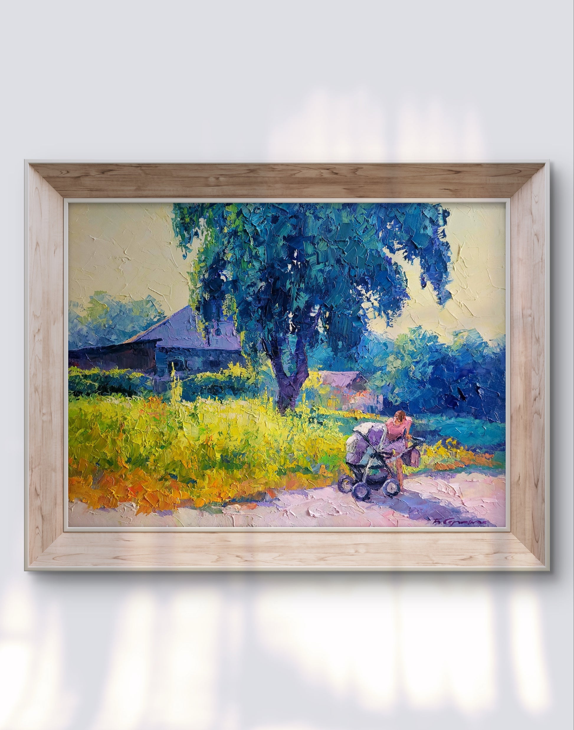 Oil painting Morning by Boris Serdyuk: woman with stroller in sunlit field