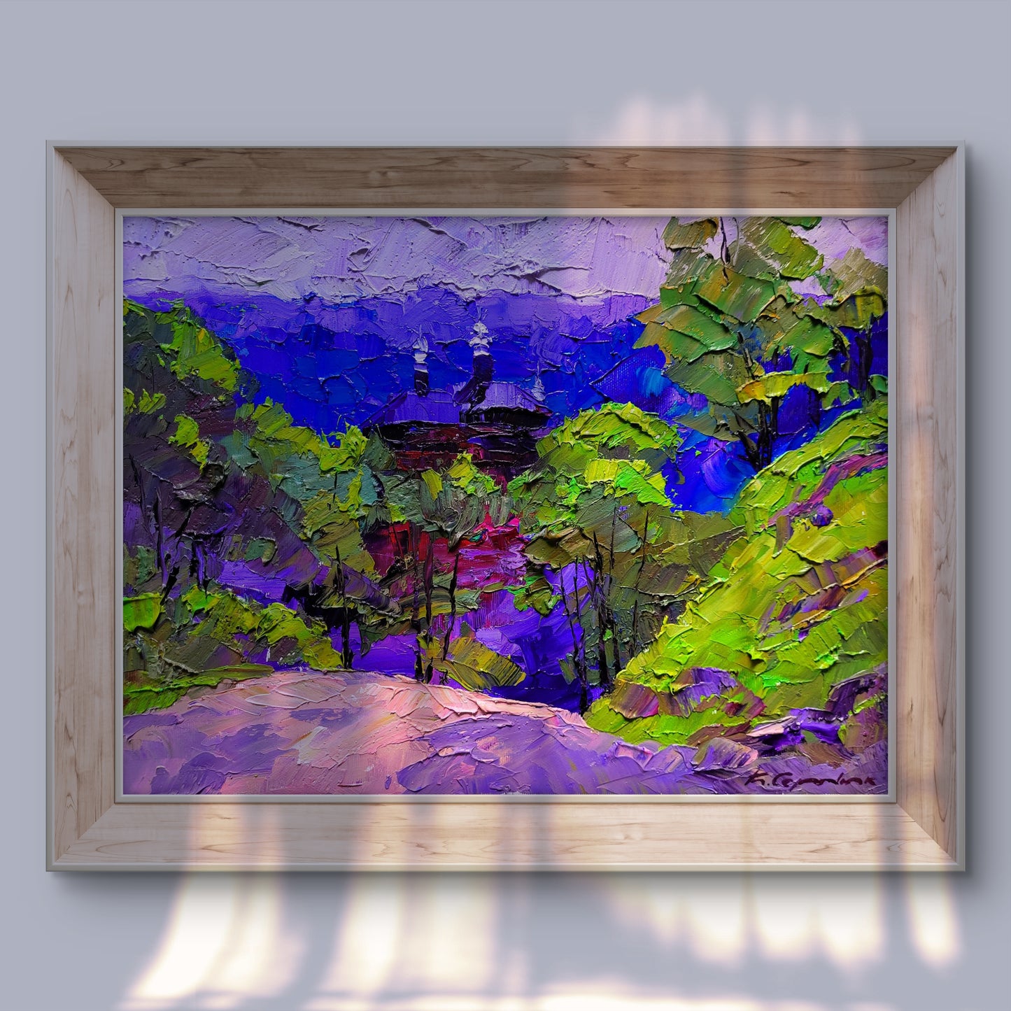 Oil painting of mountain landscape by Boris Serdyuk in light wood frame