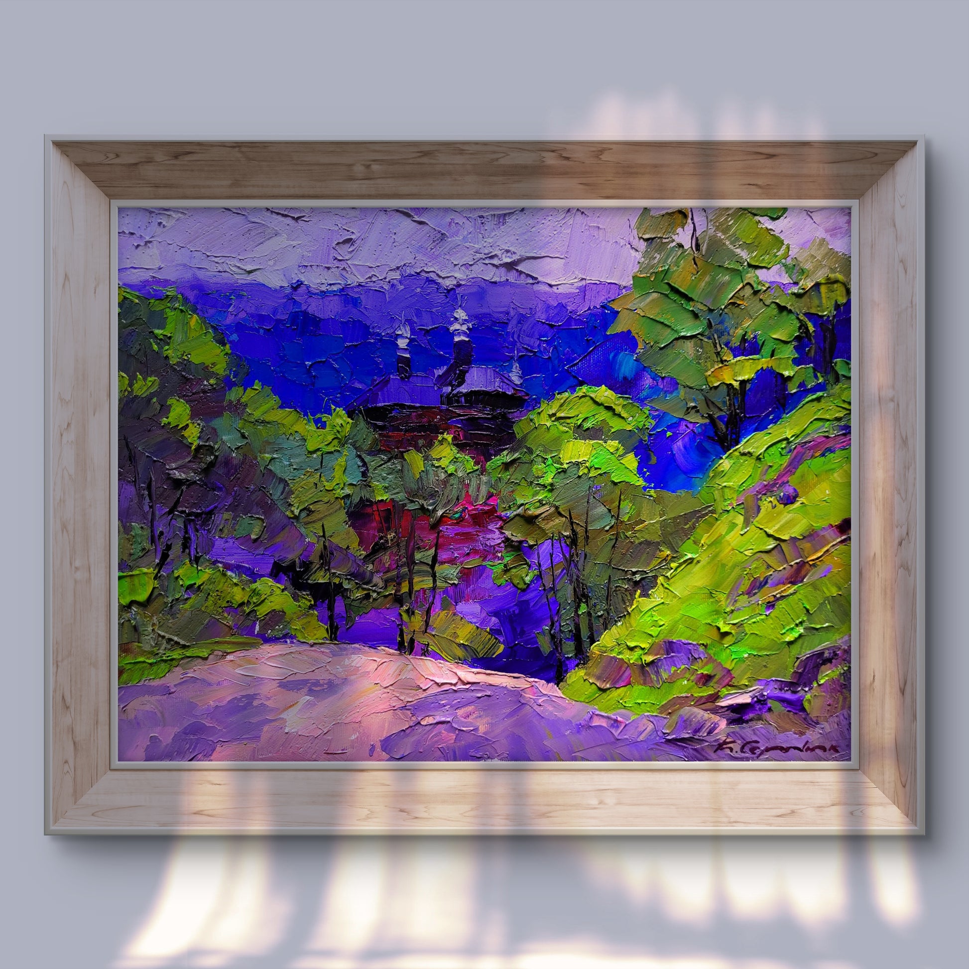Oil painting of mountain landscape by Boris Serdyuk in light wood frame