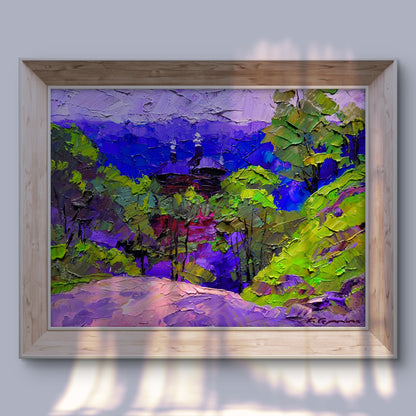 Oil painting of mountain landscape by Boris Serdyuk in light wood frame