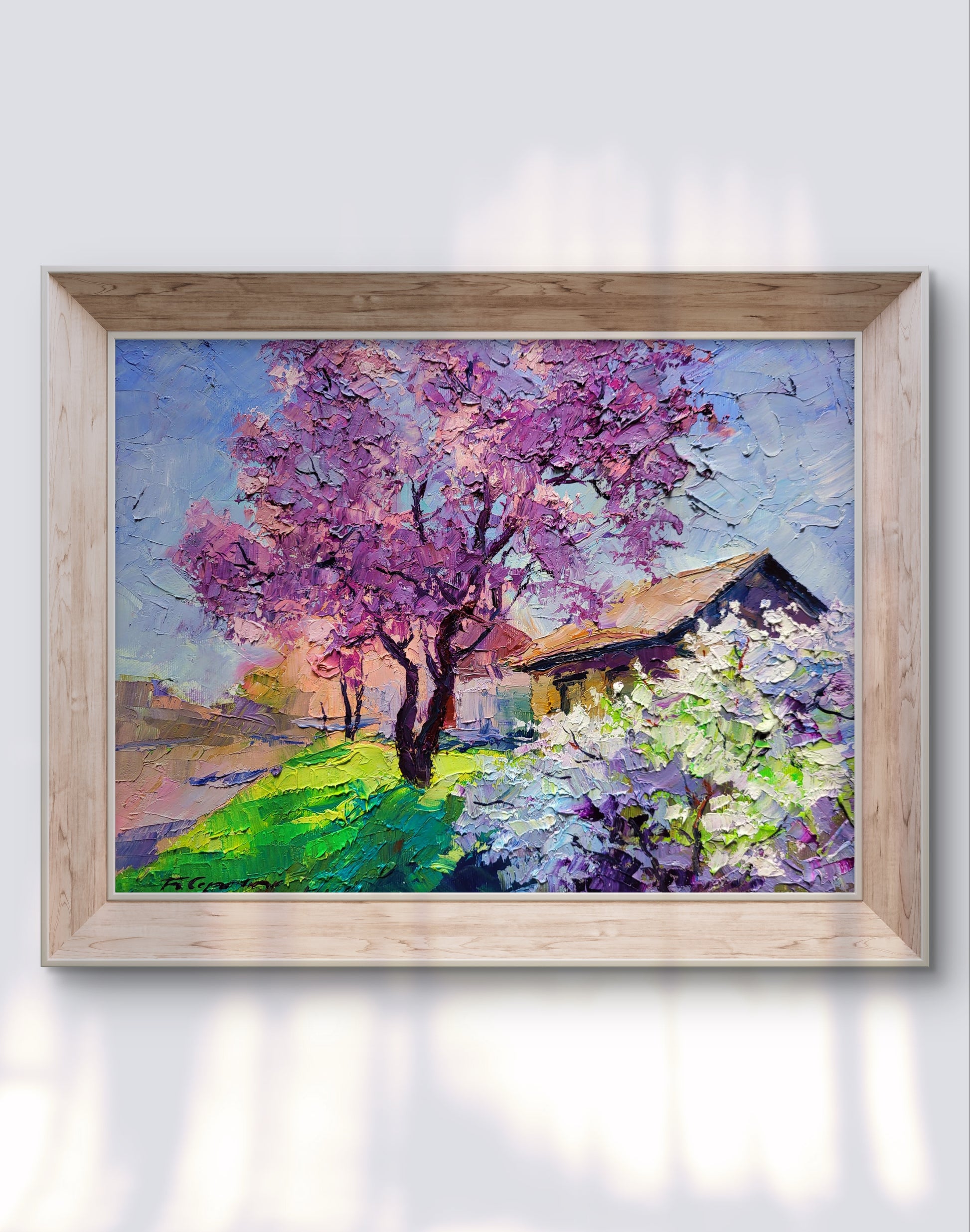 Oil painting May Boris Serdyuk: pink blossoming trees, cottage, blue sky in wood frame