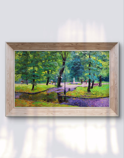 Framed oil painting of lush city park by Boris Serdyuk