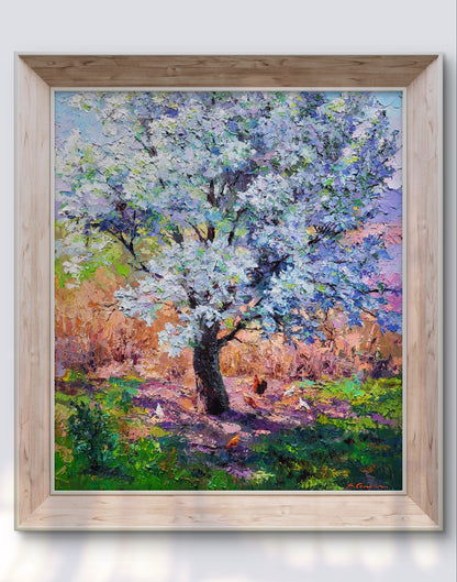 Oil painting of pear blossoms by Boris Serdyuk in frame