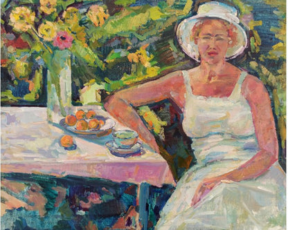 Custom portrait by Super Professional Artist: woman in white dress and hat at outdoor table with flowers