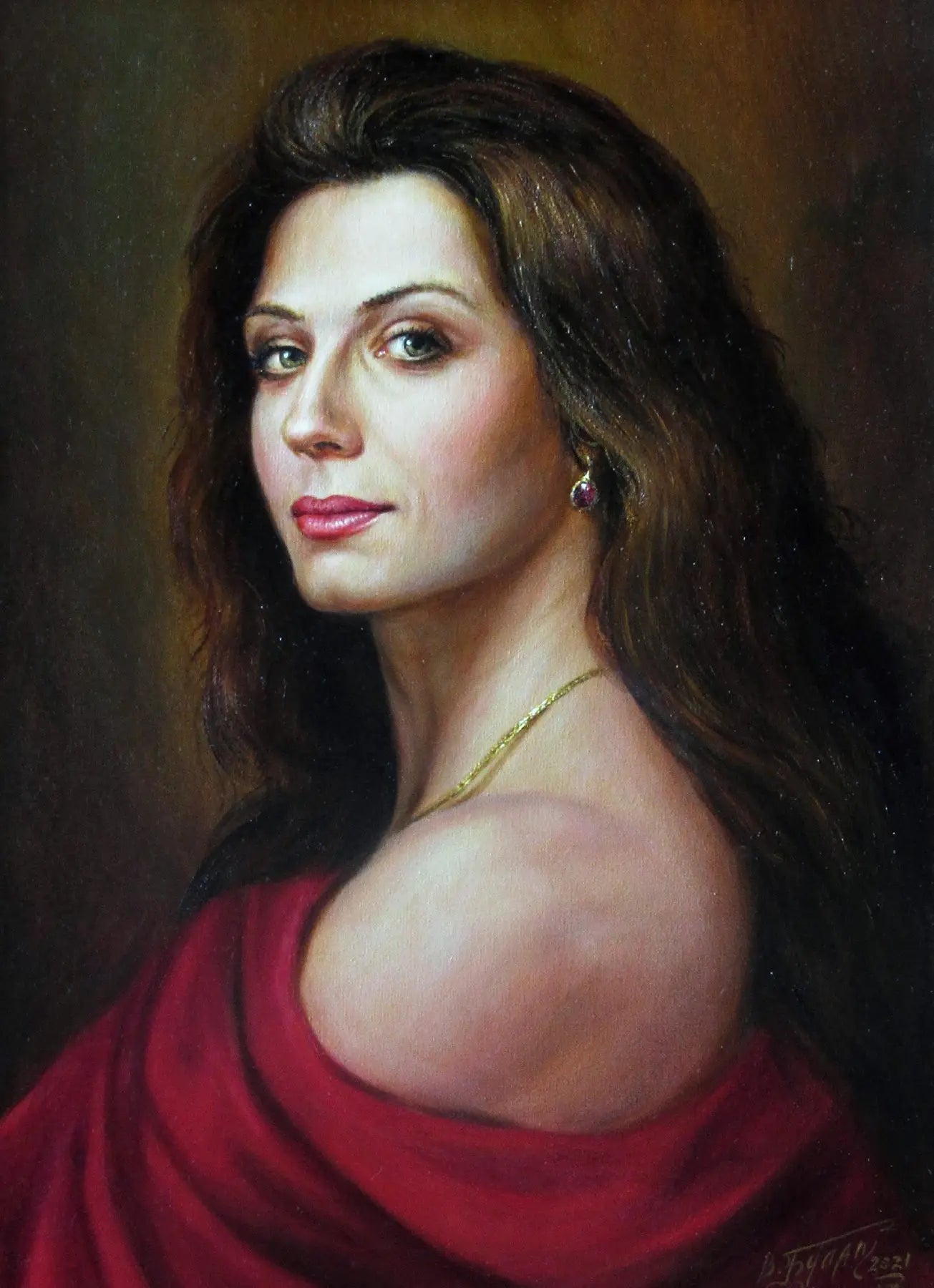 Oil painting Silk fire Valeriy Bulat: woman in red draped garment and gold necklace