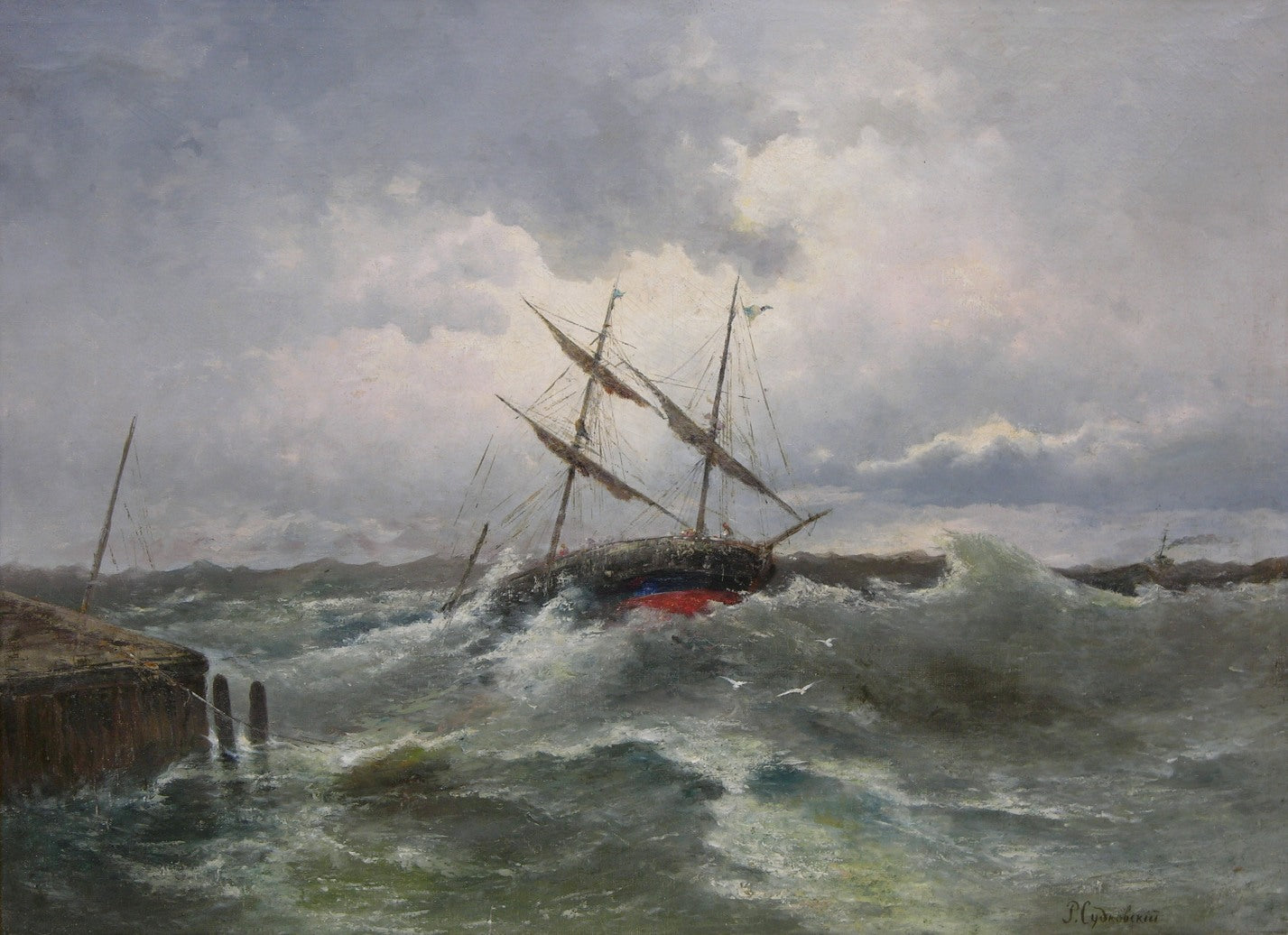 Rufin Sudkovskyi 19th century collectible sea landscape of stormy sailing ship