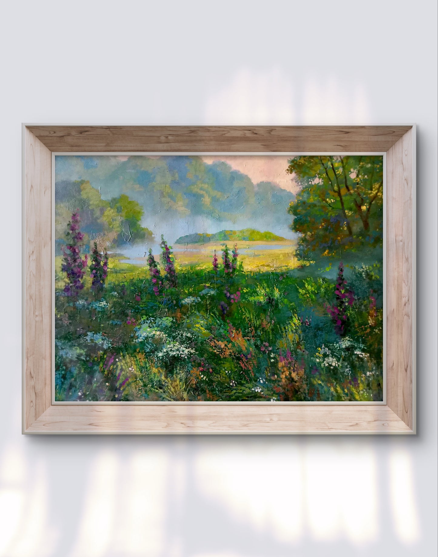 Oil painting Summer meadow by Anatoly Borisovich Tarabanov in light wood frame