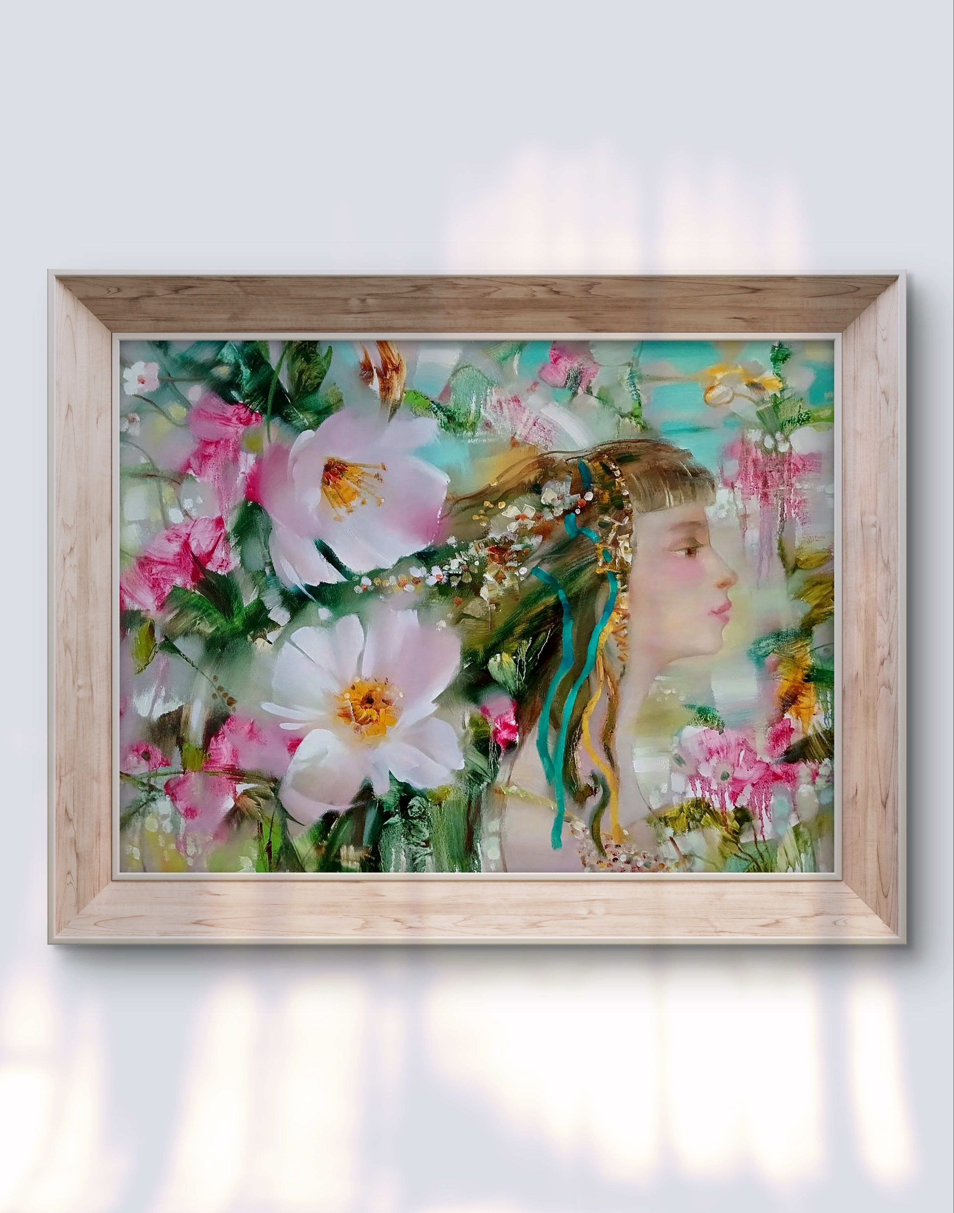 Abstract oil painting April by Anatoly Tarabanov, woman profile with pink flowers in wood frame