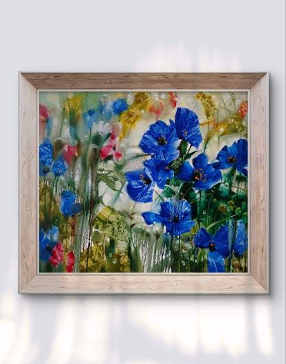 Abstract oil painting Morning Dew by Anatoly Tarabanov, blue poppies