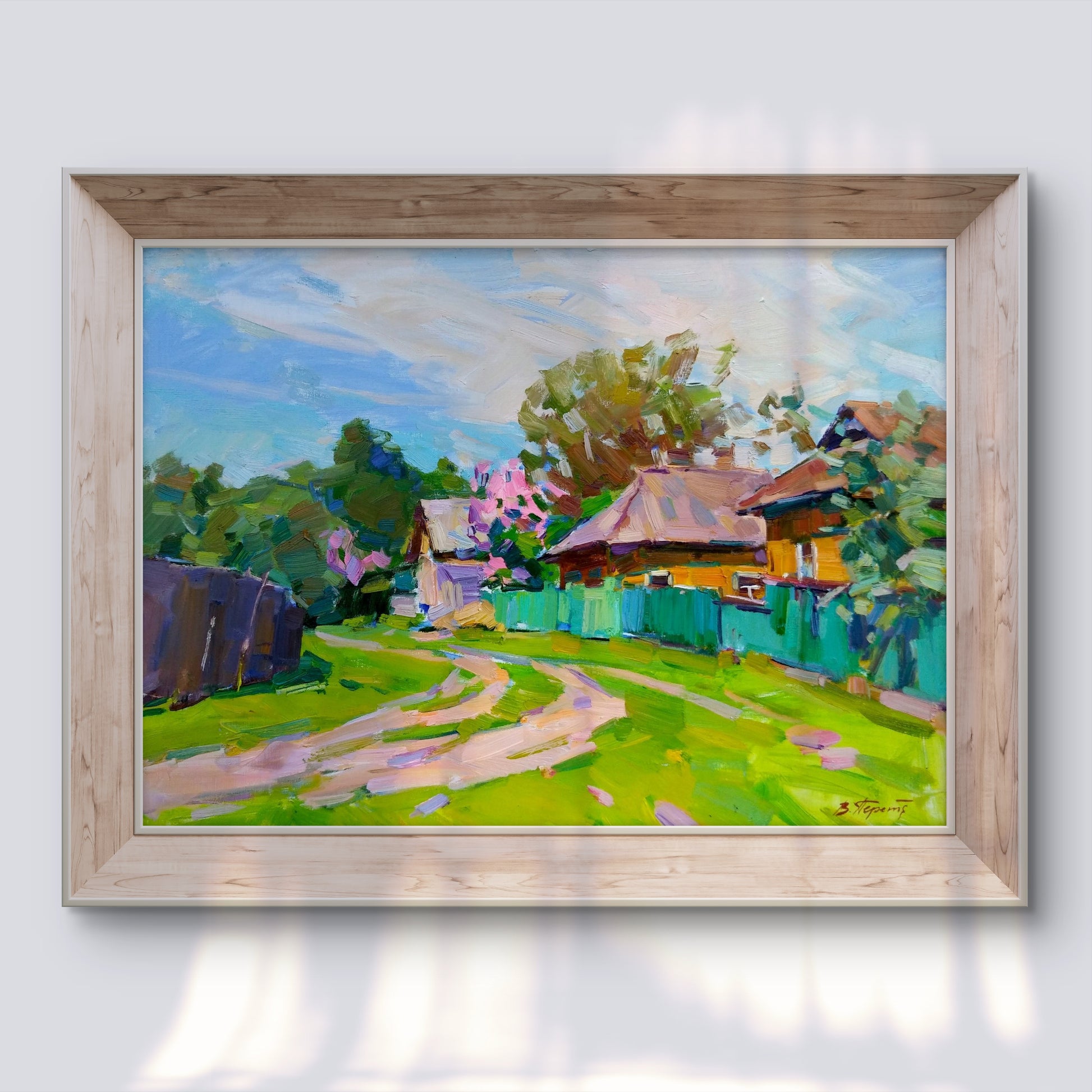 Vibrant Oli painting Blooming May streets by Vyacheslav Pereta in wood frame