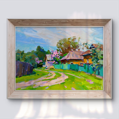 Vibrant Oli painting Blooming May streets by Vyacheslav Pereta in wood frame