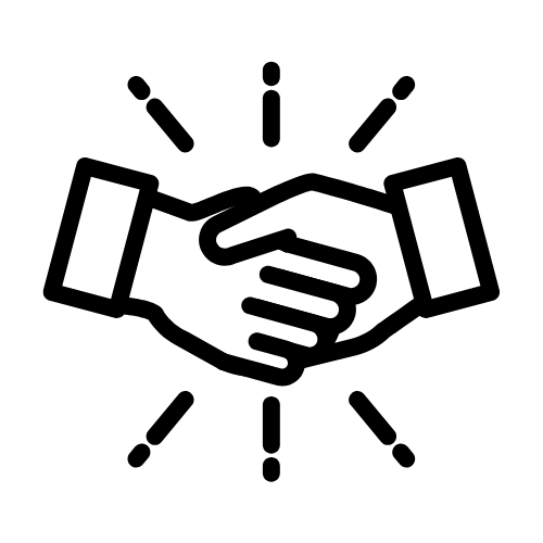 Black line art icon of two hands shaking with radiating lines.