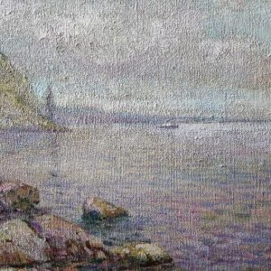 A soft, impressionistic painting of a coastal scene with muted blues and grays depicting calm waters, distant cliffs, and subtle hints of greenery.