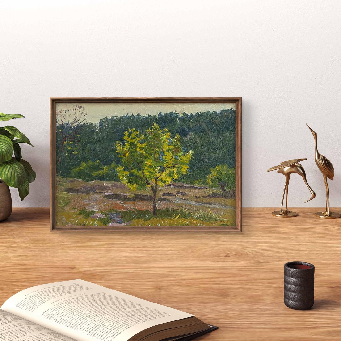 Oil painting Until the Evening by Yury Konovalov, solitary tree in frame