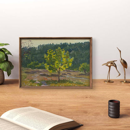 Oil painting Until the Evening by Yury Konovalov, solitary tree in frame
