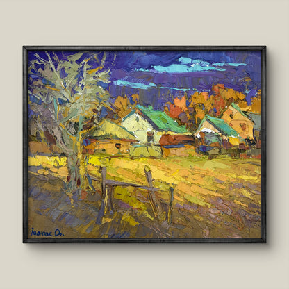 Framed impressionist oil painting Quiet evening village street by Oksana Ivanyuk