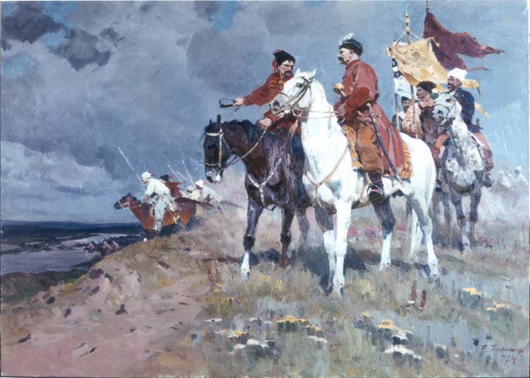 Authentic Viktor Poltavets oil painting of mounted warriors on white and dark horses in battle scene