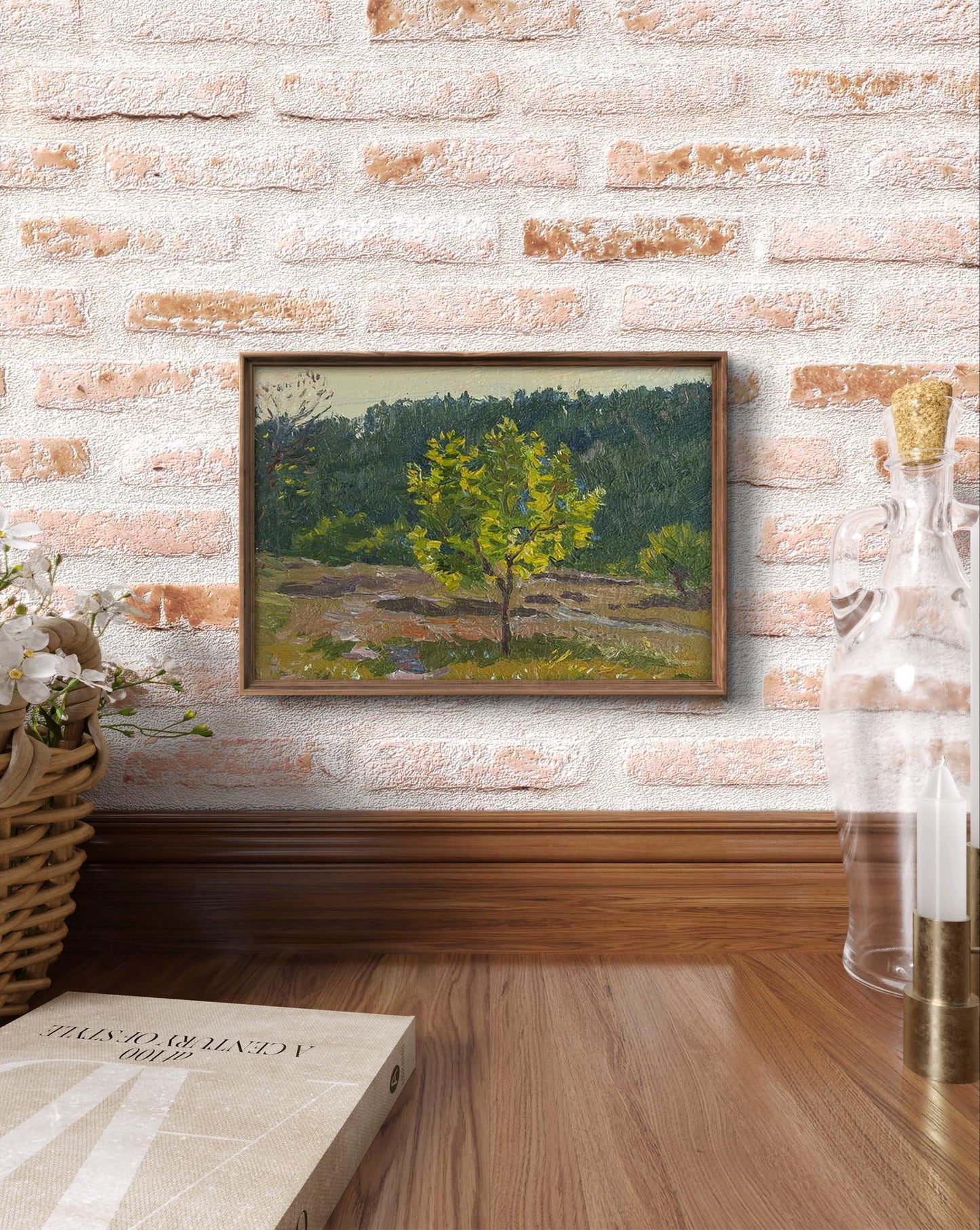 Framed oil painting Until the Evening by Yury Konovalov, solitary green tree landscape