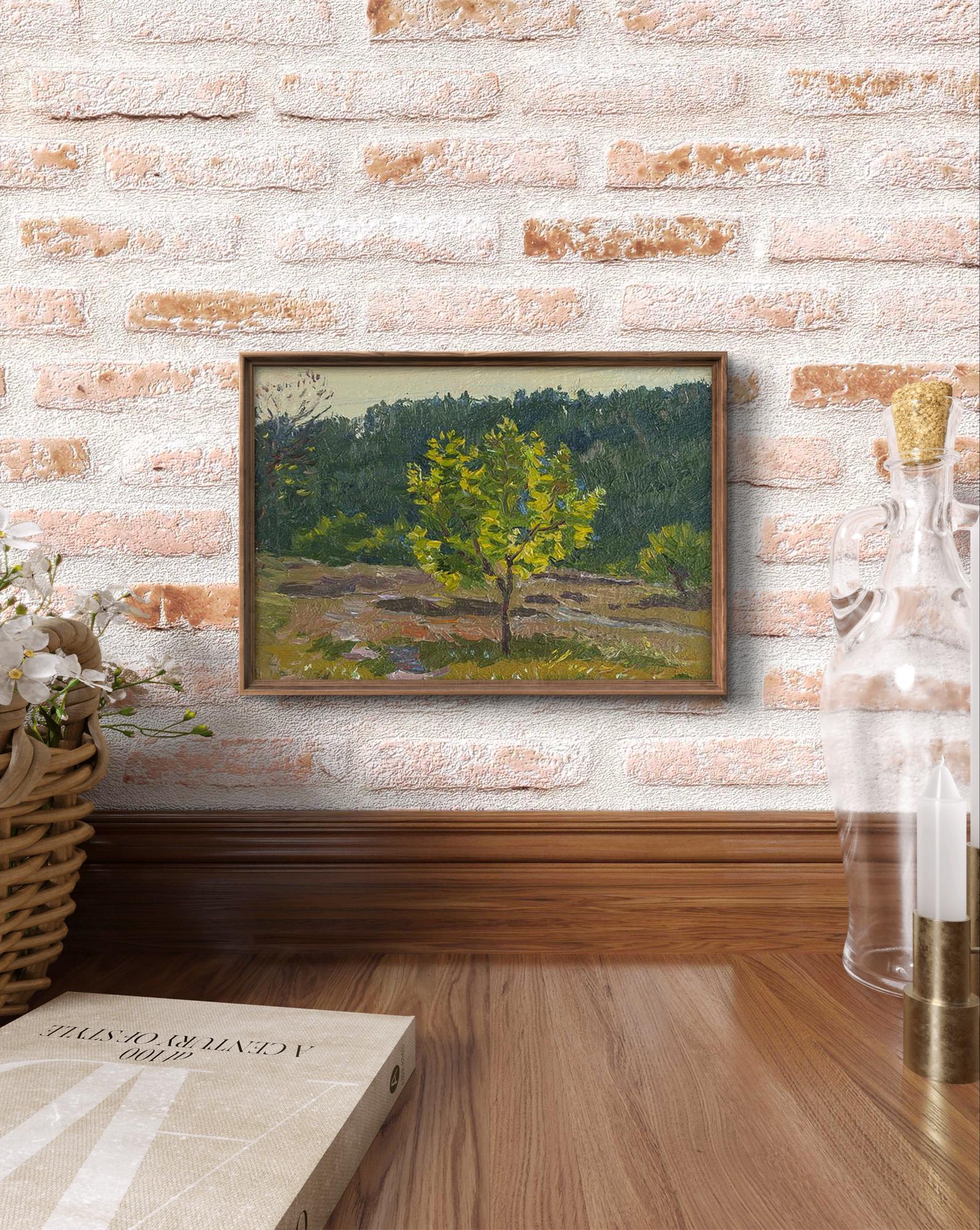 Framed oil painting Until the Evening by Yury Konovalov, solitary green tree landscape
