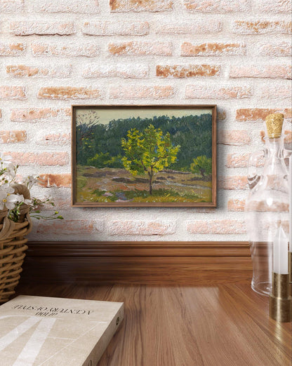 Framed oil painting Until the Evening by Yury Konovalov, solitary green tree landscape