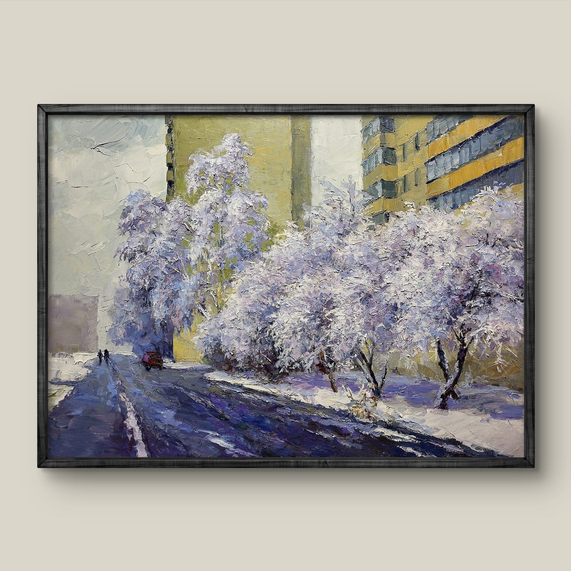Framed oil painting Winter street by Boris Serdyuk, snowy urban scene
