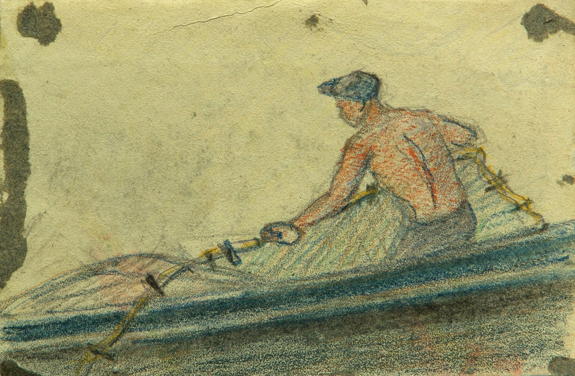 Watercolor sketch of shirtless man in blue cap rowing with yellow oars
