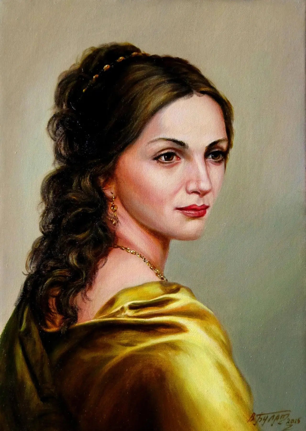 Oil painting Amber light Valeriy Bulat portrait of curly-haired woman
