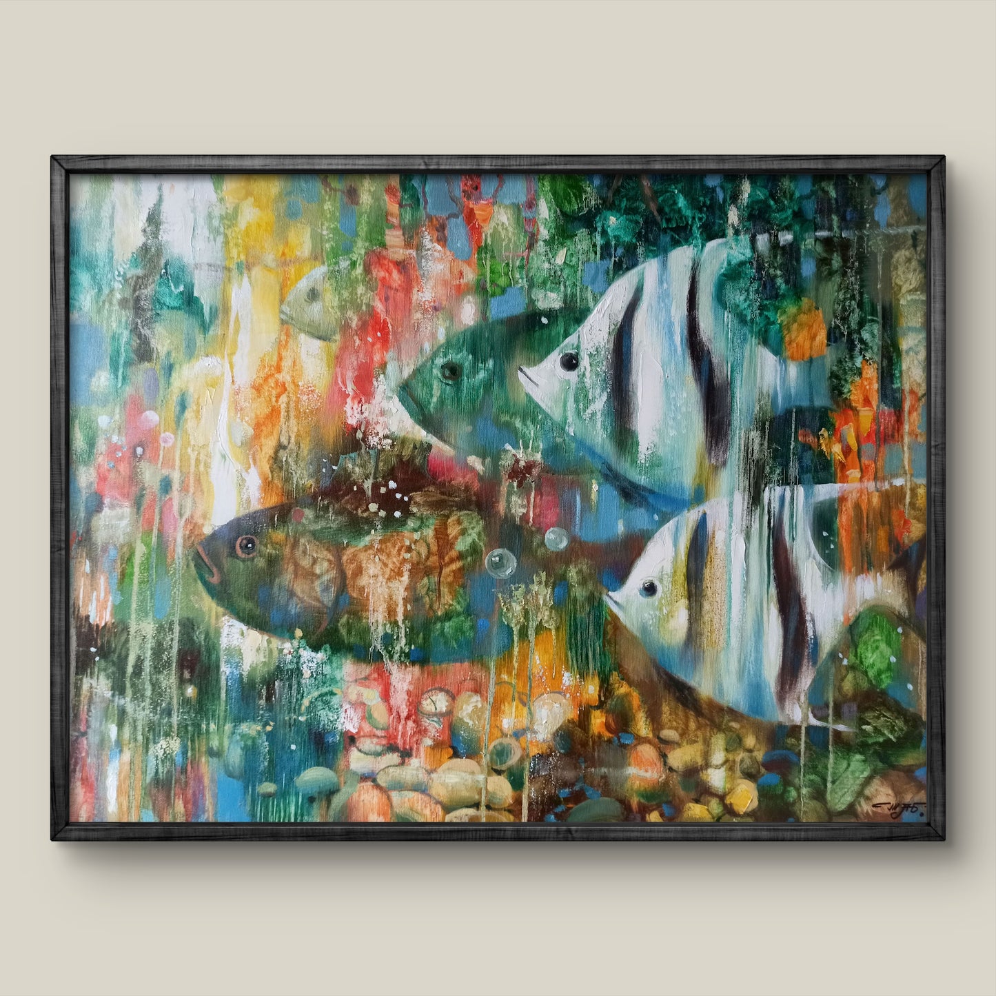 Vibrant abstract oil painting Quartet of Swimmers by Anatoly Tarabanov in dark wood frame