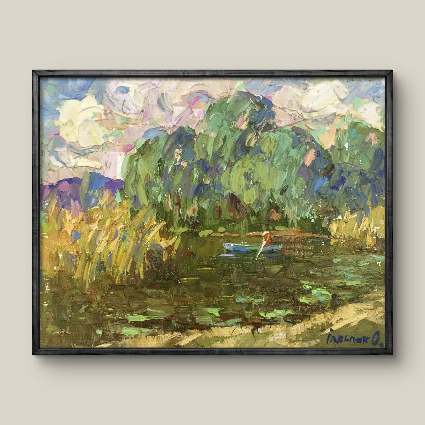 Oil painting Summer Alex Ivanyuk: serene pond with boat and reeds
