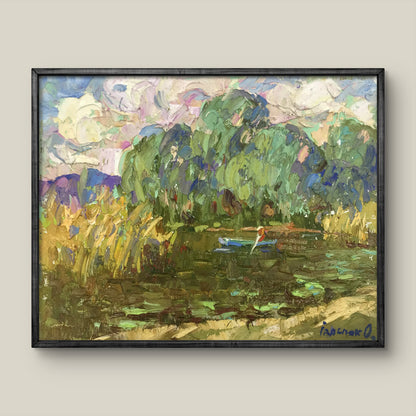 Oil painting Summer Alex Ivanyuk: serene pond with boat and reeds