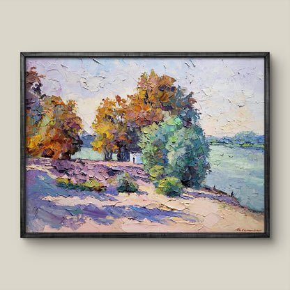 Oil painting On the Dnieper by Serdyuk Boris Petrovich, autumn trees and lavender fields