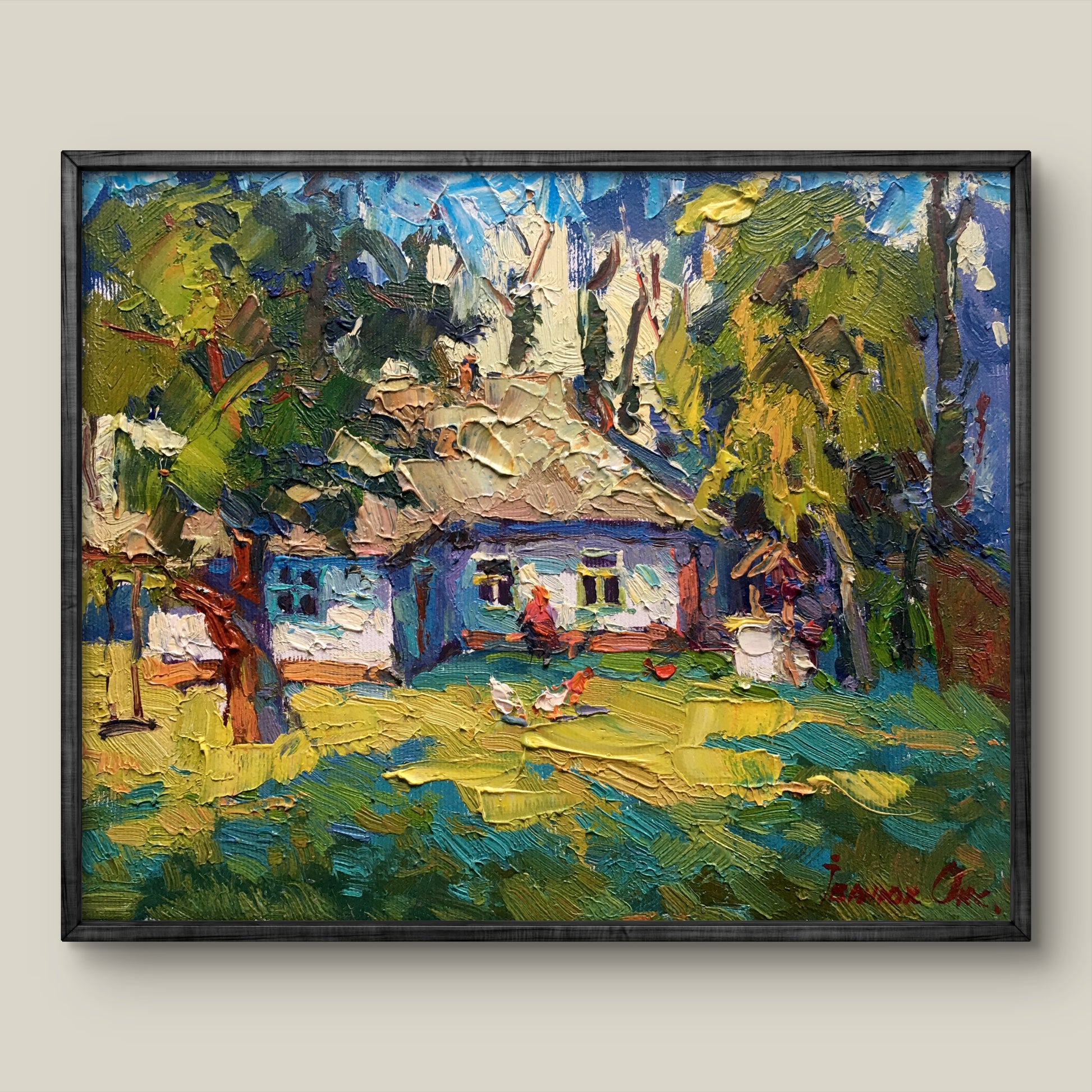 Oil painting Grandma Natalkas yard by Ivanyuk Oksana vibrant impressionist scene