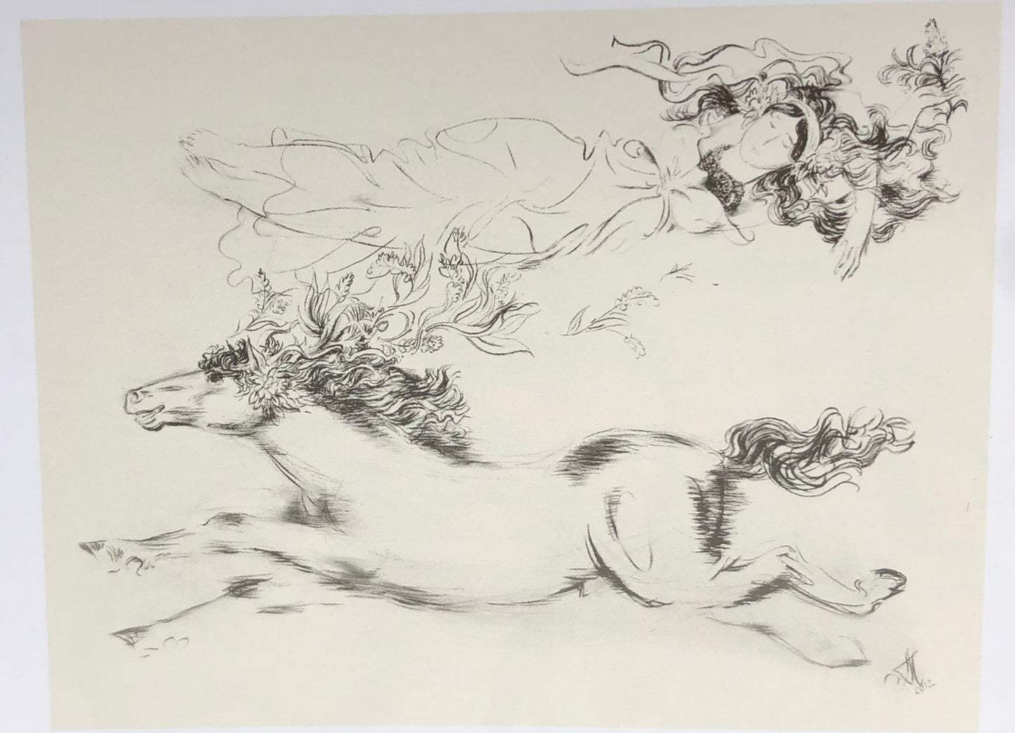 Delicate black-and-white pencil sketch of galloping horse by Andriy Chebykin