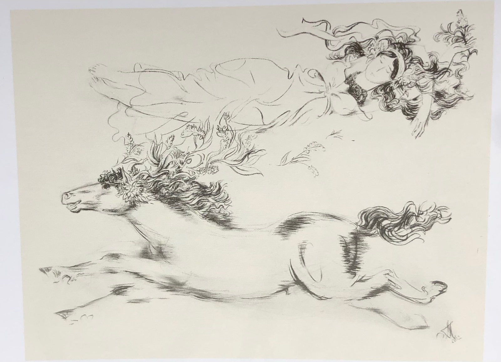 Delicate black-and-white pencil sketch of galloping horse by Andriy Chebykin