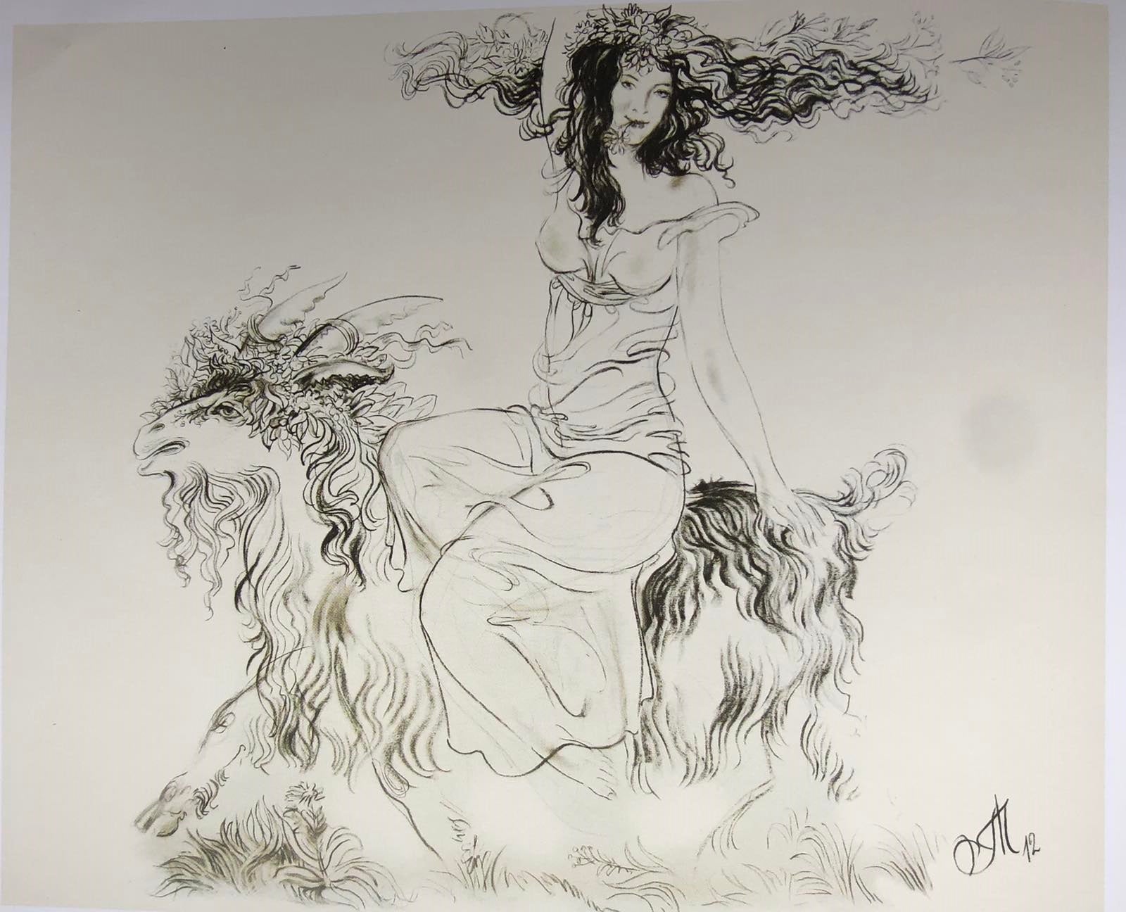 Signed pencil sketch by Andriy Chebykin: woman on goat with floral wreaths