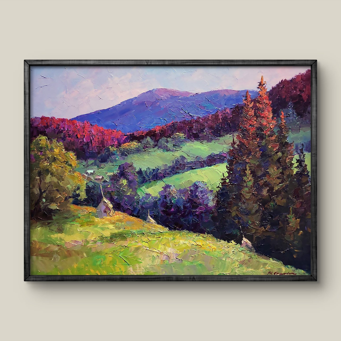 Oil painting Evening in the mountains by Boris Serdyuk in wooden frame