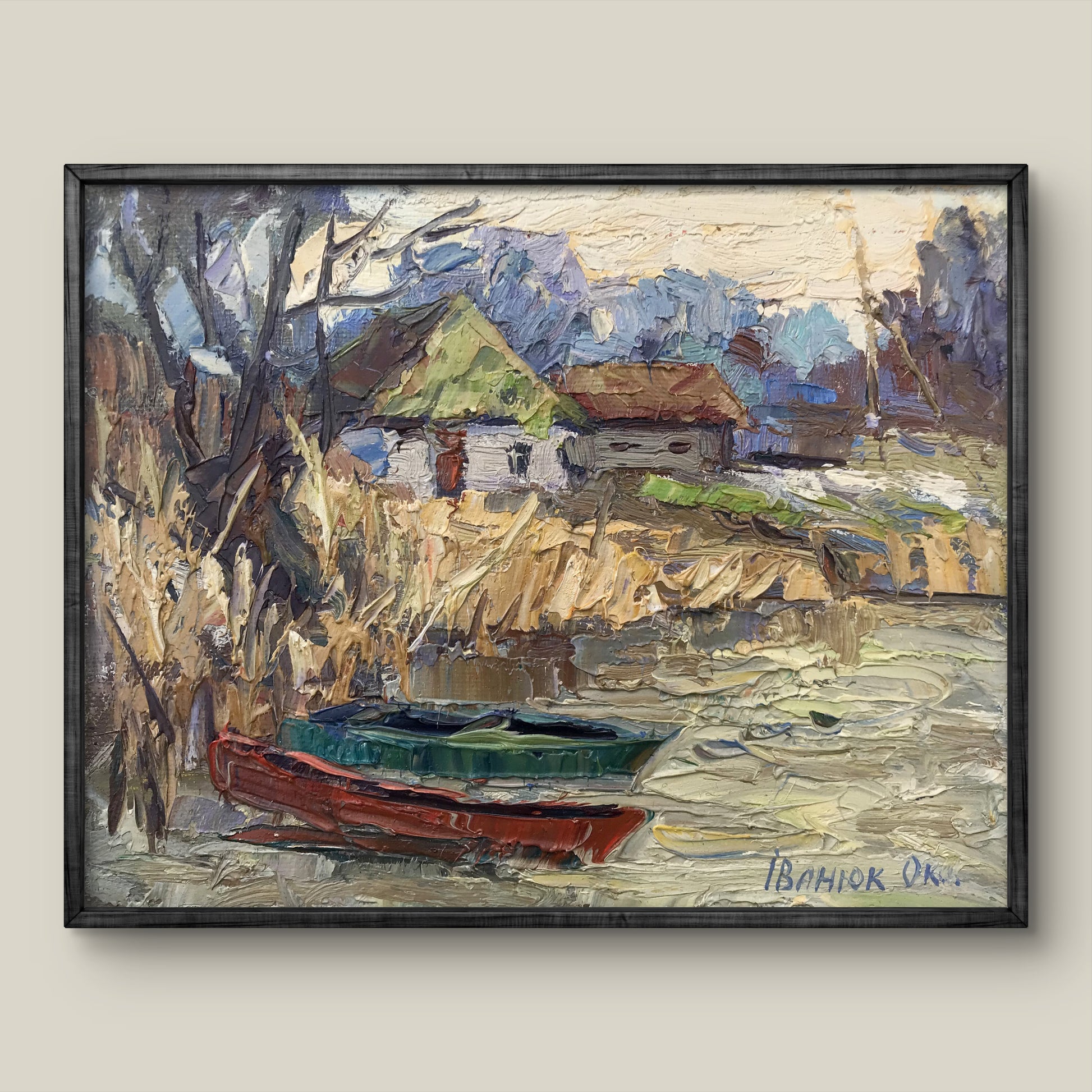 Framed impressionistic oil painting Spring early fishing by Oksana Ivanyuk