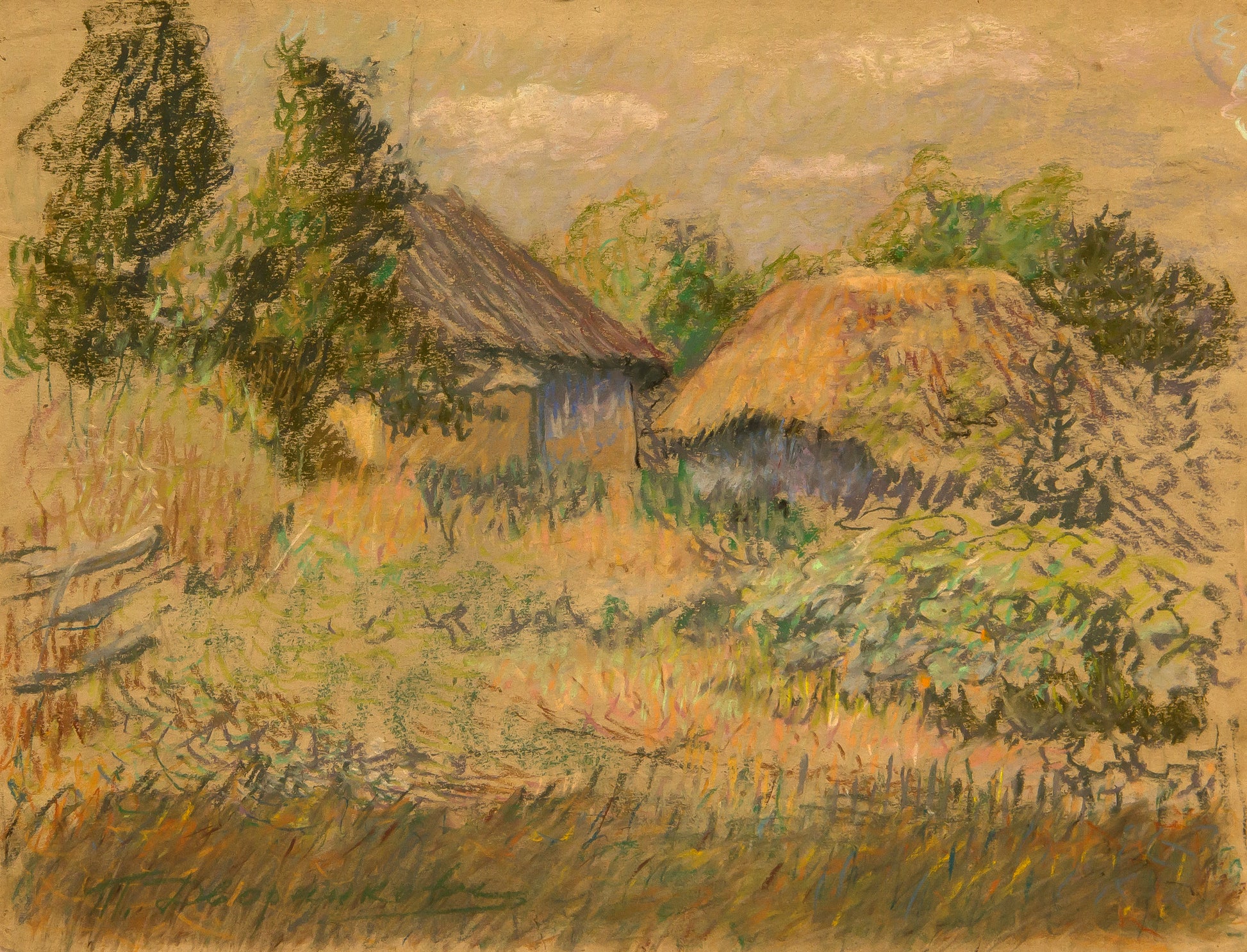 Collectible rustic thatched cottage landscape by Tyt Yakovych Dvornikov