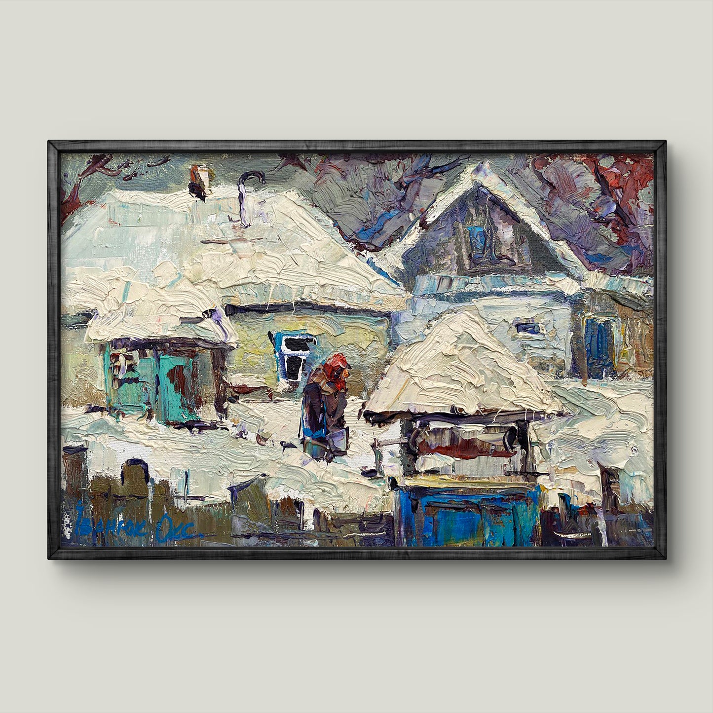 Framed impressionistic oil painting Snow covered yard by Ivanyuk Oksana
