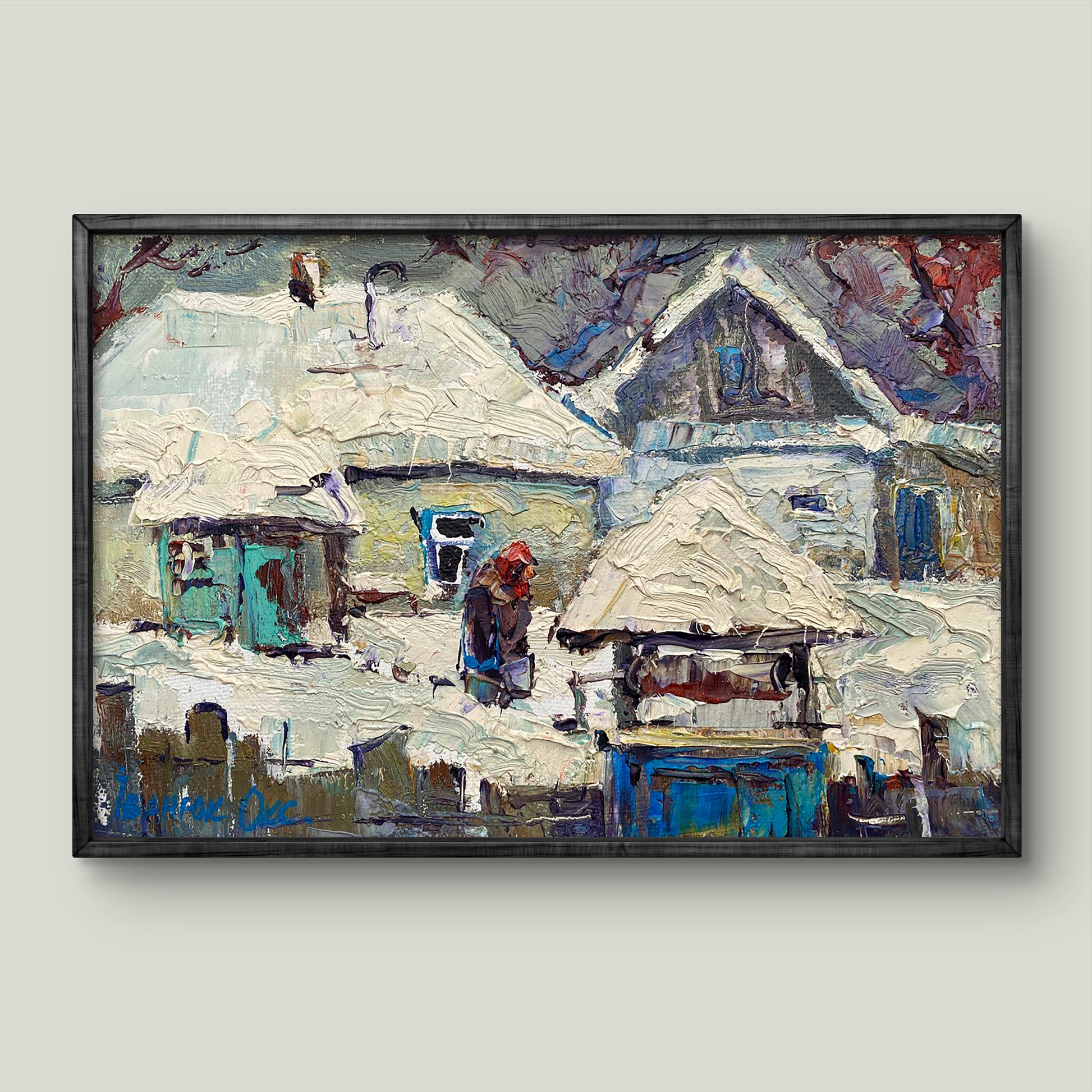 Framed impressionistic oil painting Snow covered yard by Ivanyuk Oksana