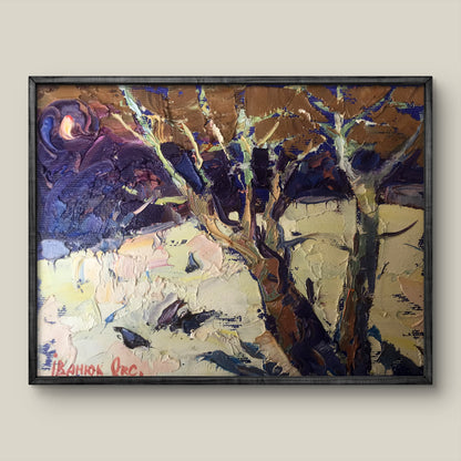 Oil painting The Monthly Night by Ivanyuk Oksana, textured tree branches in purples and ochres, black frame