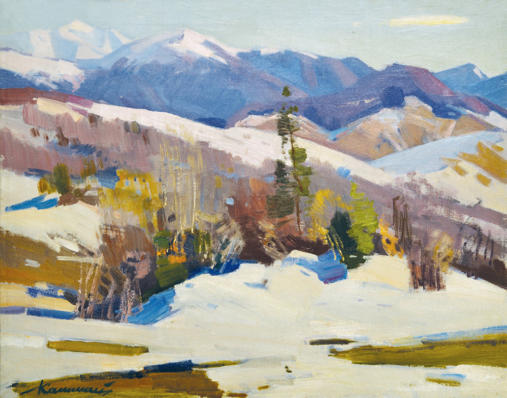 Snow-covered Anton Kashskai vintage landscape artwork with autumn trees